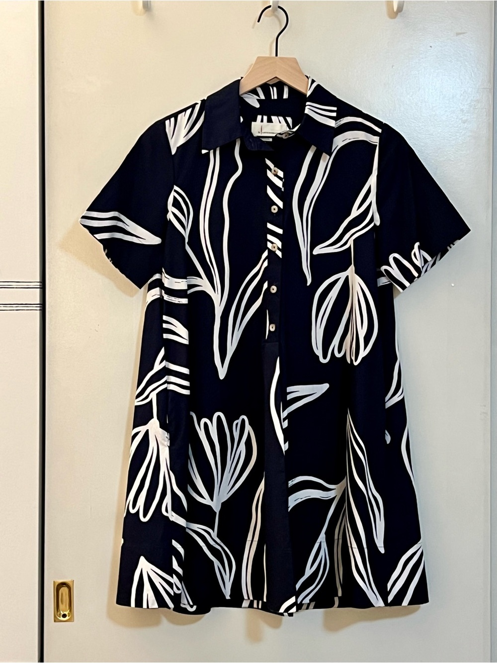 Anthropology Polly Swing Shirt Dress in Navy Blue with White Tulip Pattern